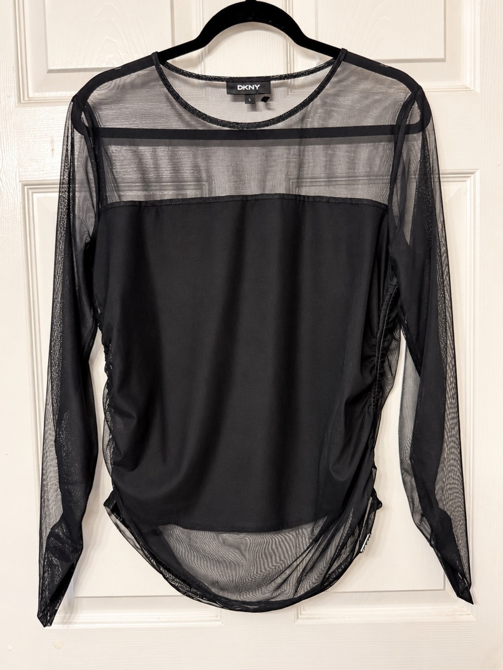 DKNY Black Sheer Mesh Illusion Long Sleeve Blouse Size L